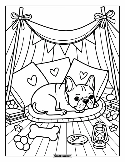 Coloriage de Bouledogue Français pour adultes : Un bouledogue français fait la sieste à l’intérieur d’un fort avec des oreillers à pattes et une lumière douce