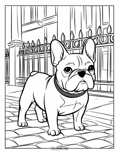 Coloriage de Bouledogue Français pour adultes : Un bouledogue français pose dans une scène de ville détaillée avec des clôtures et des fenêtres