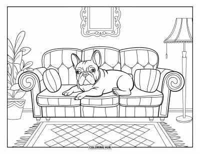 Coloriage de Bouledogue Français pour adultes : Un bouledogue français se détend sur un canapé près d’une plante et de motifs rétro
