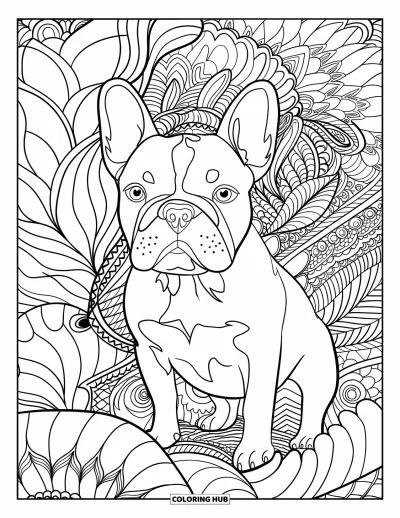 Coloriage de Bouledogue Français pour adultes : Un bouledogue français se repose parmi des motifs de feuillage complexes et des détails floraux