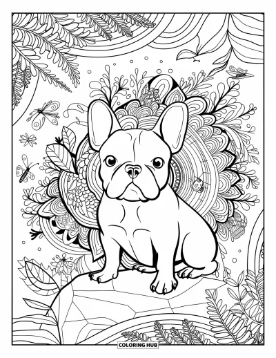 Coloriage de Bouledogue Français pour adultes : Un bouledogue français se repose sur un rocher dans un jardin de mandala rempli de nature