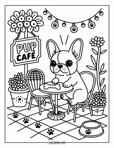 Coloriage de Bouledogue Français pour adultes : Un bouledogue français est assis à une table de café avec une friandise et un petit bol pour chien