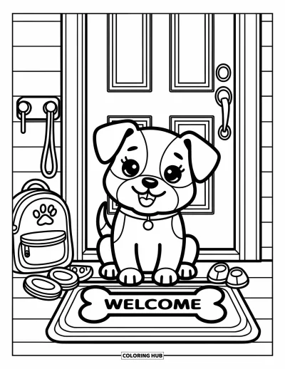 Coloriage de Bouledogue Français pour adultes : Un bouledogue français est assis près de la porte d’entrée, prêt pour une aventure