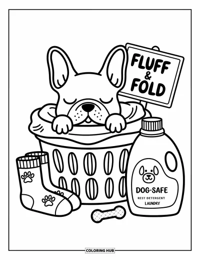 Coloriage de Bouledogue Français pour adultes : Un bouledogue français somnole dans le linge entouré de vêtements mignons et propres