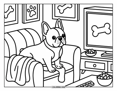 Coloriage de Bouledogue Français pour adultes : Un bouledogue français se blottit sur le canapé, regardant un os de dessin animé à la télévision