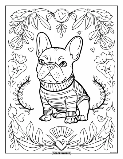 Coloriage de Bouledogue Français pour adultes : Un bouledogue français porte un pull rayé dans un fond rempli de motifs floraux