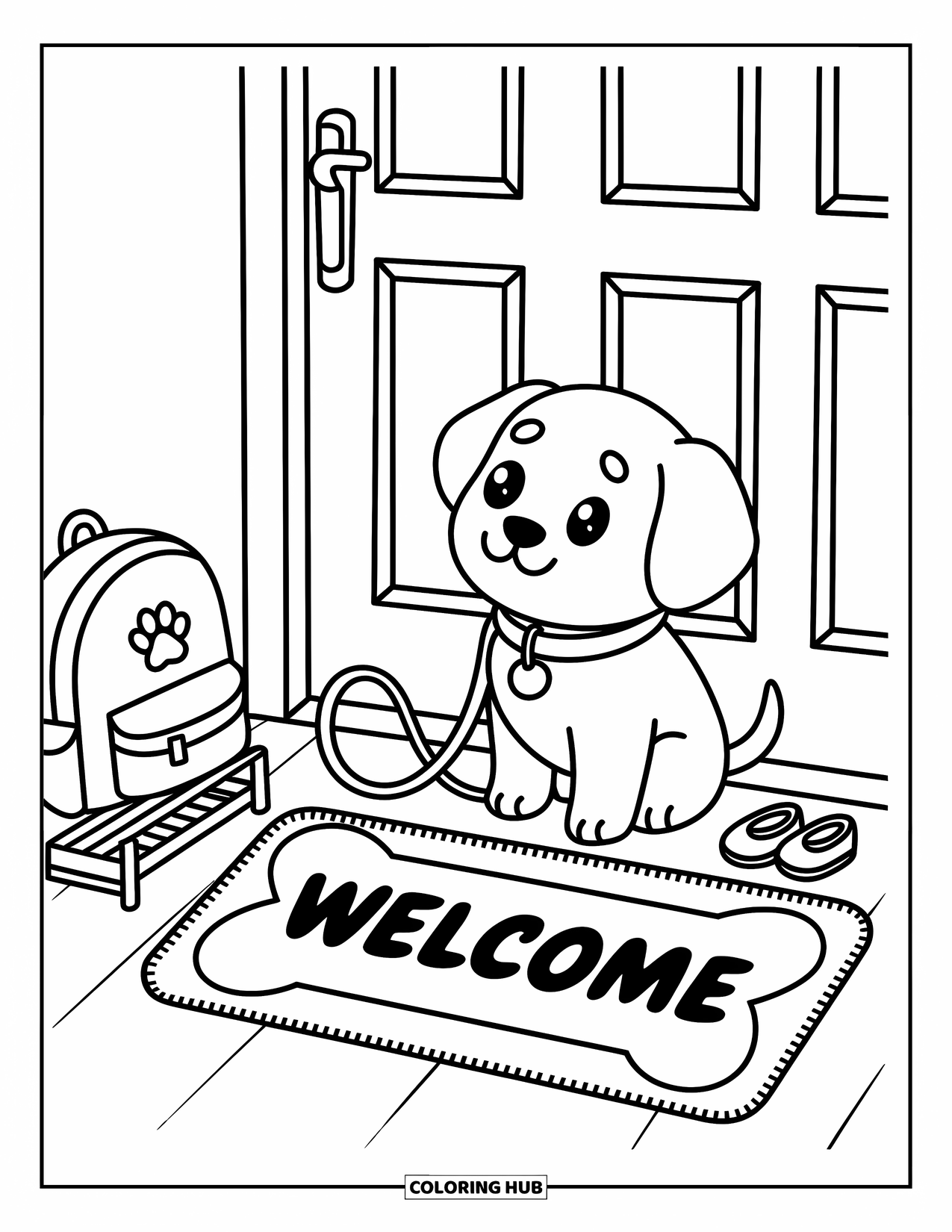 Dibujo de Bulldog Francés para adultos: Un Frenchie junto a la puerta se sienta al lado de una mochila y una alfombra con forma de hueso
