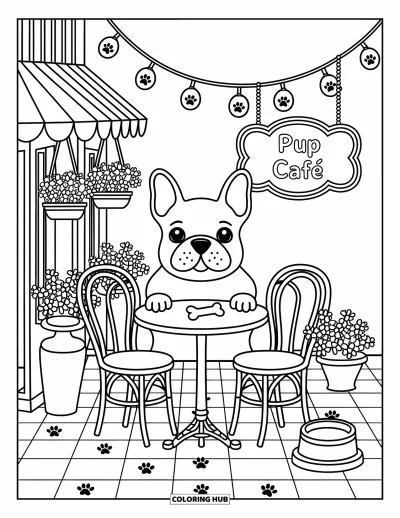 Coloriage de Bouledogue Français pour adultes : Un Frenchie apprécie un biscuit dans un joli café pour chiots en plein air