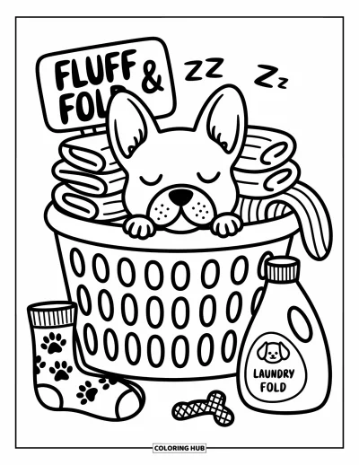 Coloriage de Bouledogue Français pour adultes : Un Frenchie fait la sieste dans un panier à linge à côté de chaussettes et de jouets pour chiens