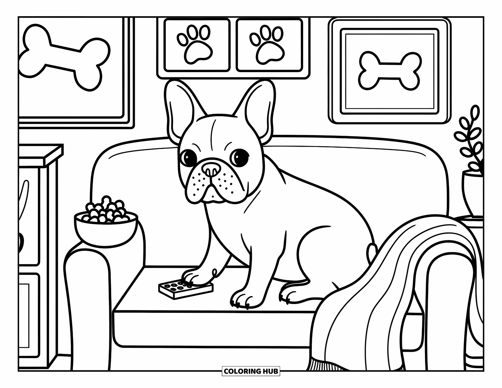 Dibujo de Bulldog Francés para adultos: Un Frenchie se relaja en el sofá con bocadillos y un televisor con temática de perros