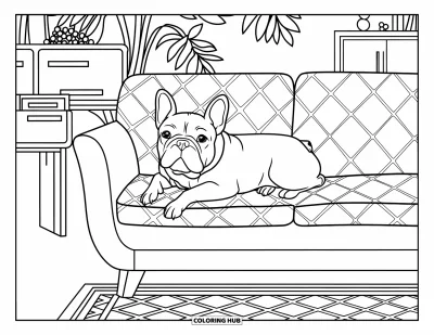 Coloriage de Bouledogue Français pour adultes : Un Frenchie se repose sur un canapé à motifs avec des détails de pièce vintage confortables