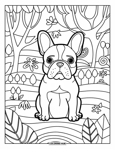 Coloriage de Bouledogue Français pour adultes : Un Frenchie est assis parmi des gribouillis de nature enjoués et des feuilles superposées