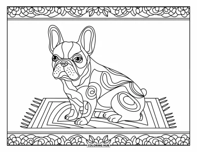 Coloriage de Bouledogue Français pour adultes : Un Frenchie est assis calmement avec des formes abstraites et des bordures florales autour