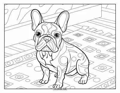Coloriage de Bouledogue Français pour adultes : Un Frenchie est assis sur un tapis à motifs entouré de motifs abstraits