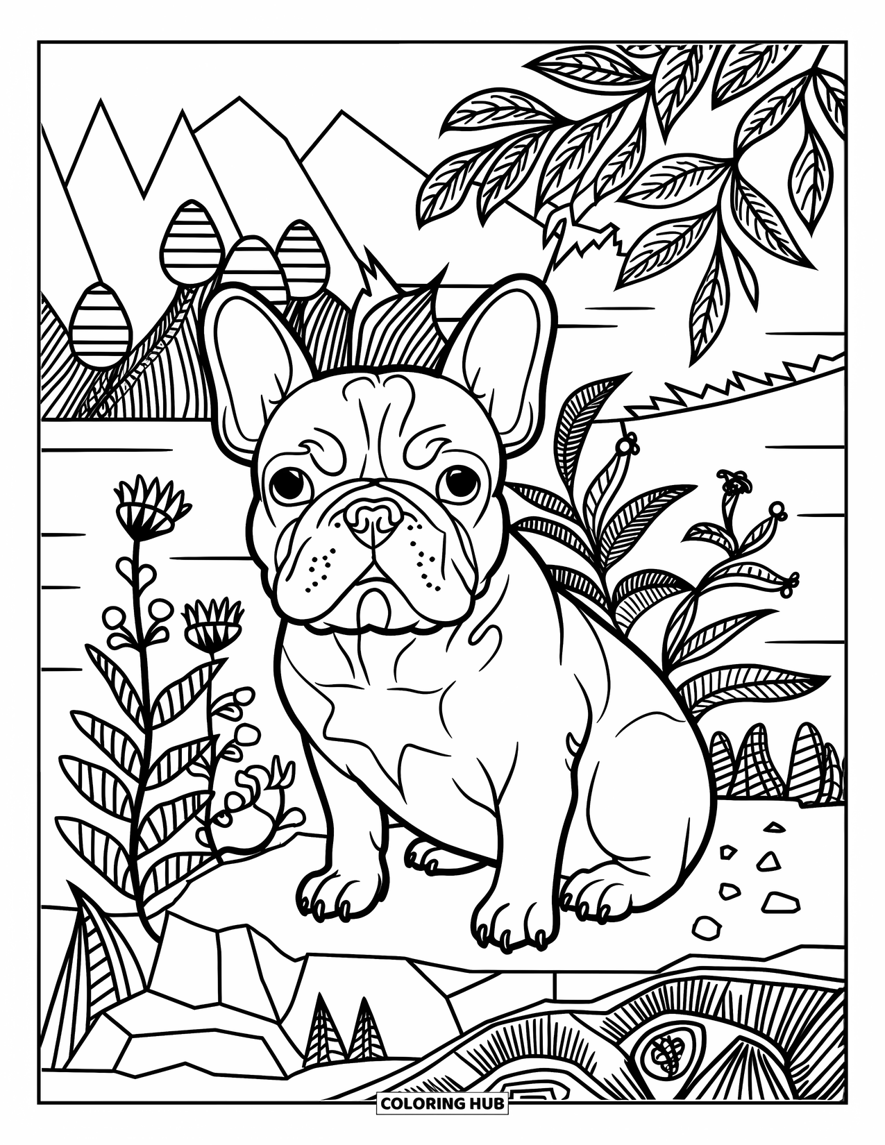 Dibujo de Bulldog Francés para adultos: Un Frenchie se sienta en un terreno rocoso con plantas y vistas a la montaña cerca