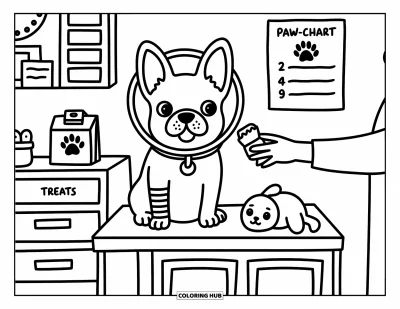 Coloriage de Bouledogue Français pour adultes : Un Frenchie est assis sur la table d’examen dans un cône, tendant la main vers une collation du vétérinaire