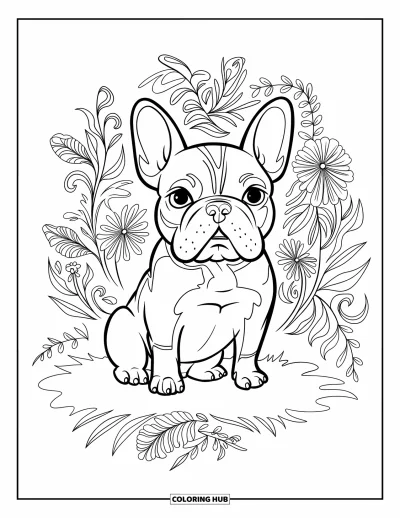 Coloriage de Bouledogue Français pour adultes : Un Frenchie est assis paisiblement entouré de motifs botaniques détaillés