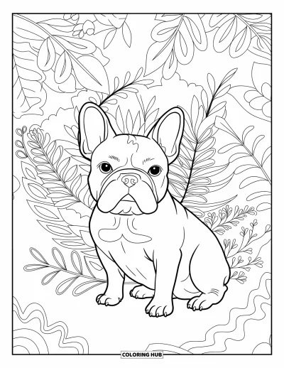 Coloriage de Bouledogue Français pour adultes : Un Frenchie est assis tranquillement entouré de feuilles et de fleurs douces
