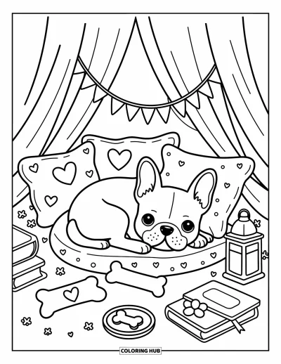 Coloriage de Bouledogue Français pour adultes : Un Frenchie dort dans un fort de couverture avec des jouets en peluche et des biscuits pour chiens à proximité