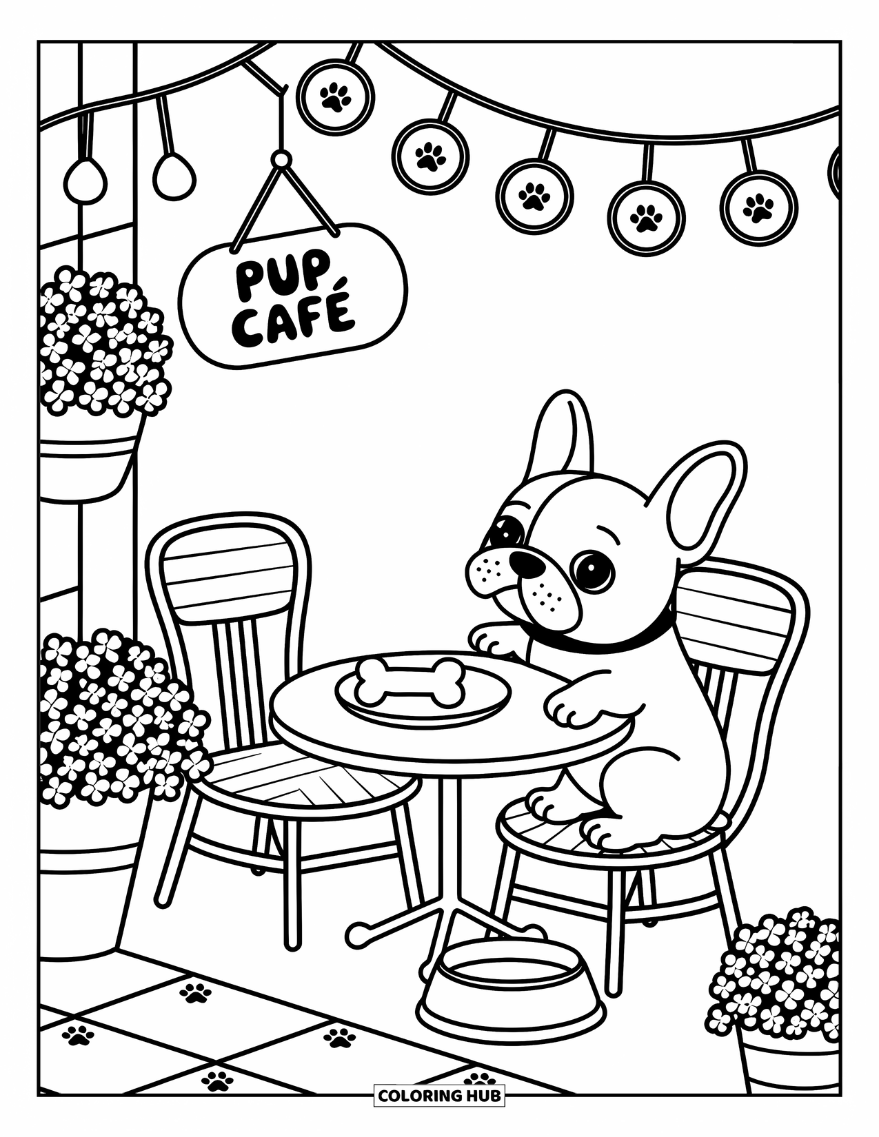 Dibujo de Bulldog Francés para adultos: Un Frenchie merienda en una mesa de café bajo luces parpadeantes y macetas de flores
