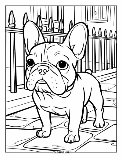 Coloriage de Bouledogue Français pour adultes : Un Frenchie se tient sur des pavés près de clôtures fantaisistes et de charmants bâtiments