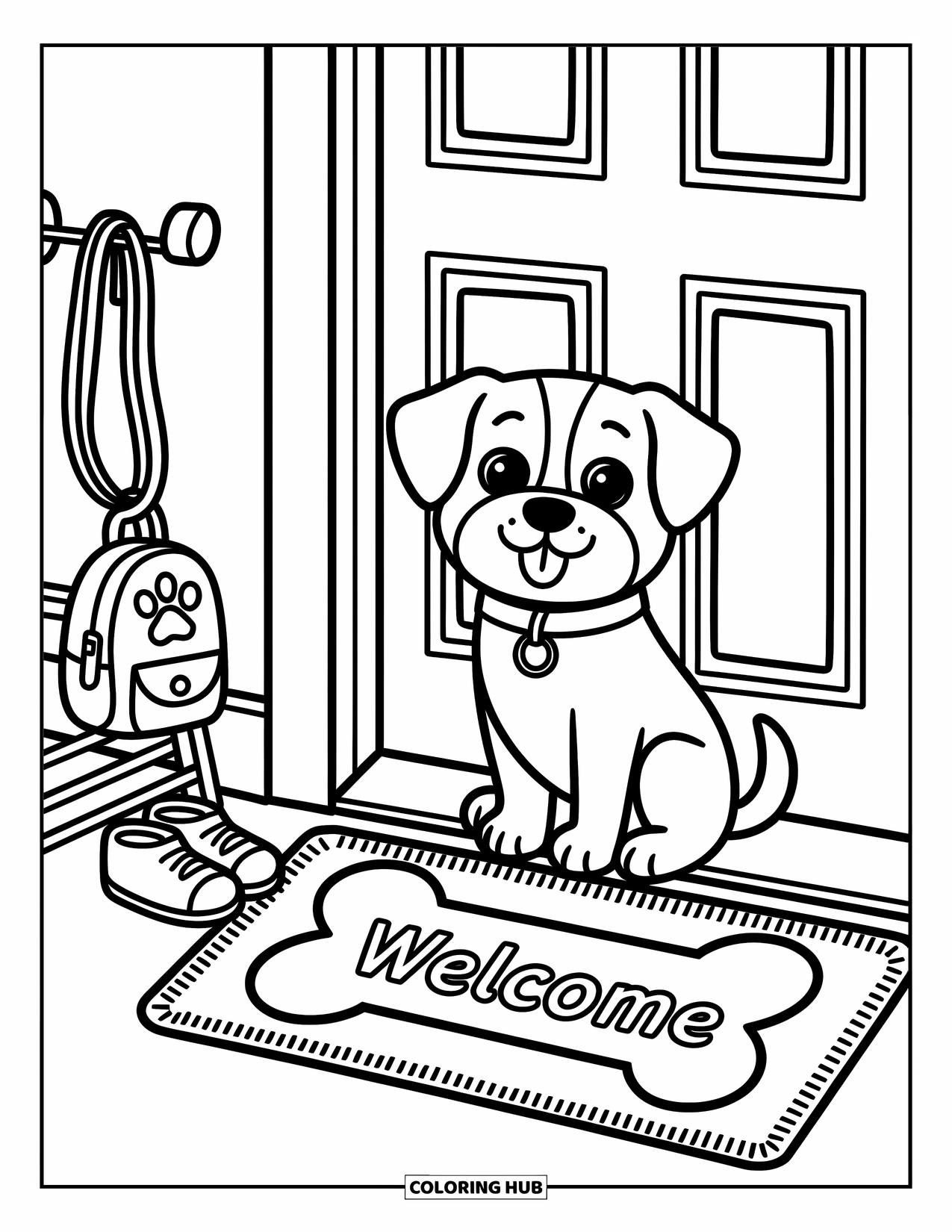 Dibujo de Bulldog Francés para adultos: Un Frenchie espera junto a la puerta con una correa, un collar y una pequeña mochila