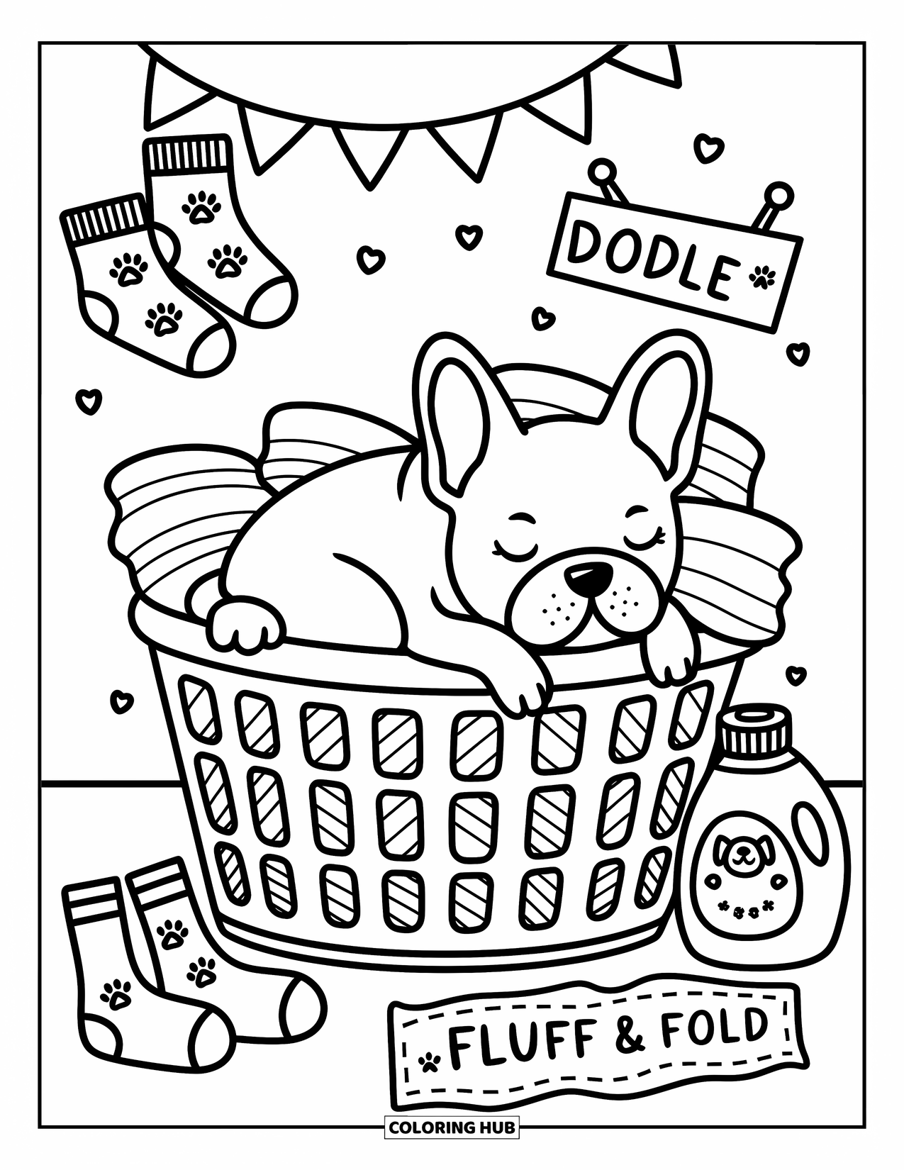 Dibujo de Bulldog Francés para adultos: Un Bulldog Francés soñoliento asoma desde una cesta de ropa limpia