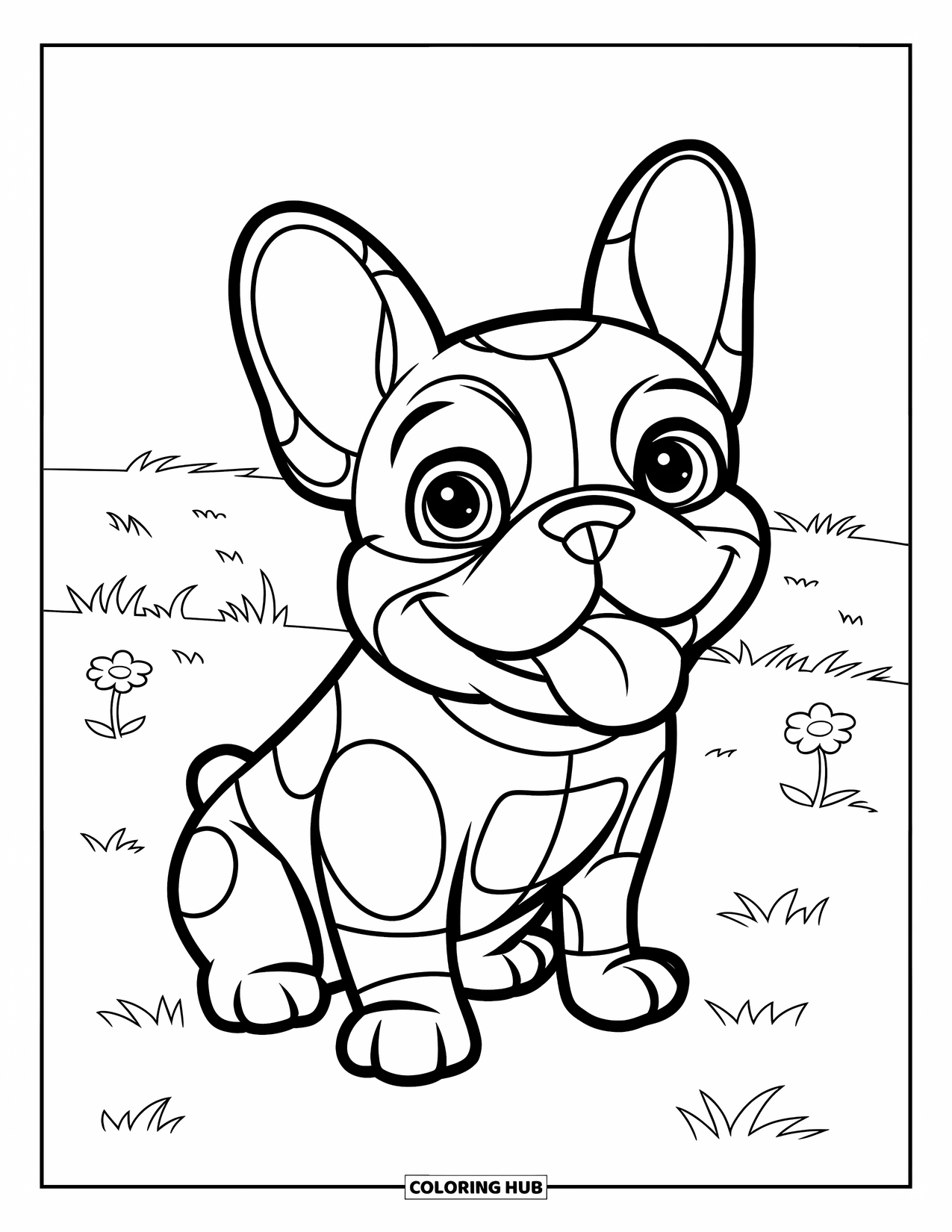 Dibujo de Bulldog Francés para niños: Un Bulldog Francés alegre con la lengua afuera se sienta cerca de flores