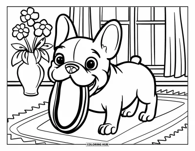Coloriage de Bouledogue Français pour enfants : Un Frenchie joyeux tient une pantoufle près de fleurs et d’une fenêtre ensoleillée