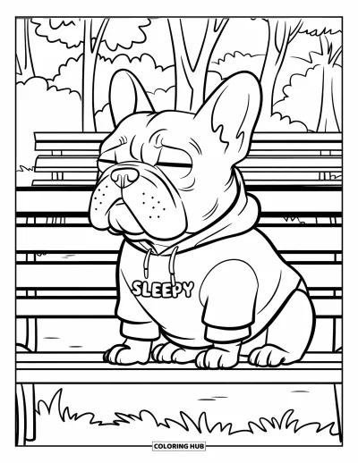 Coloriage de bouledogue français pour enfants : Un Frenchie en sweat à capuche se repose tranquillement sur un banc dans un parc de la ville