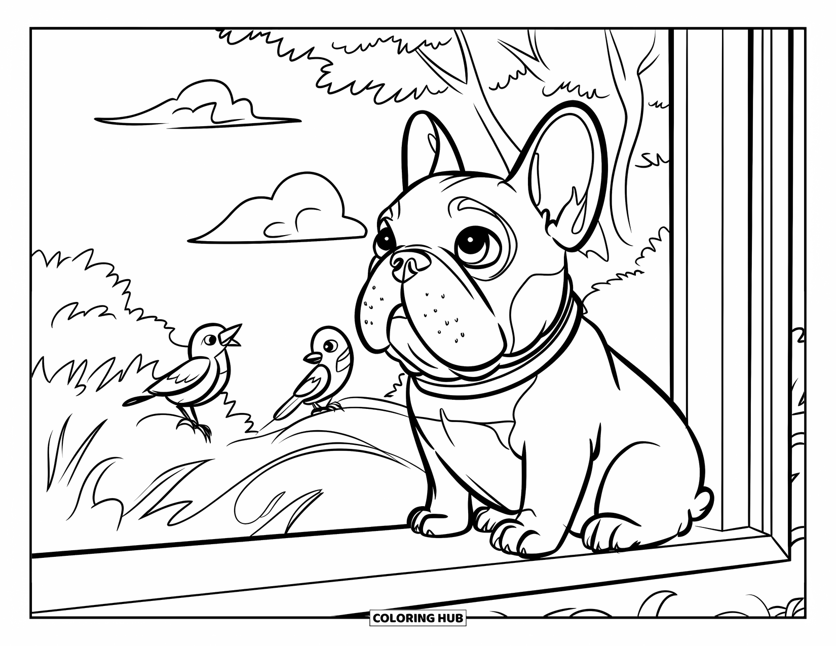 Dibujo de Bulldog Francés para niños: Un Frenchie curioso observa a los pájaros desde el alféizar de una ventana rodeado de árboles