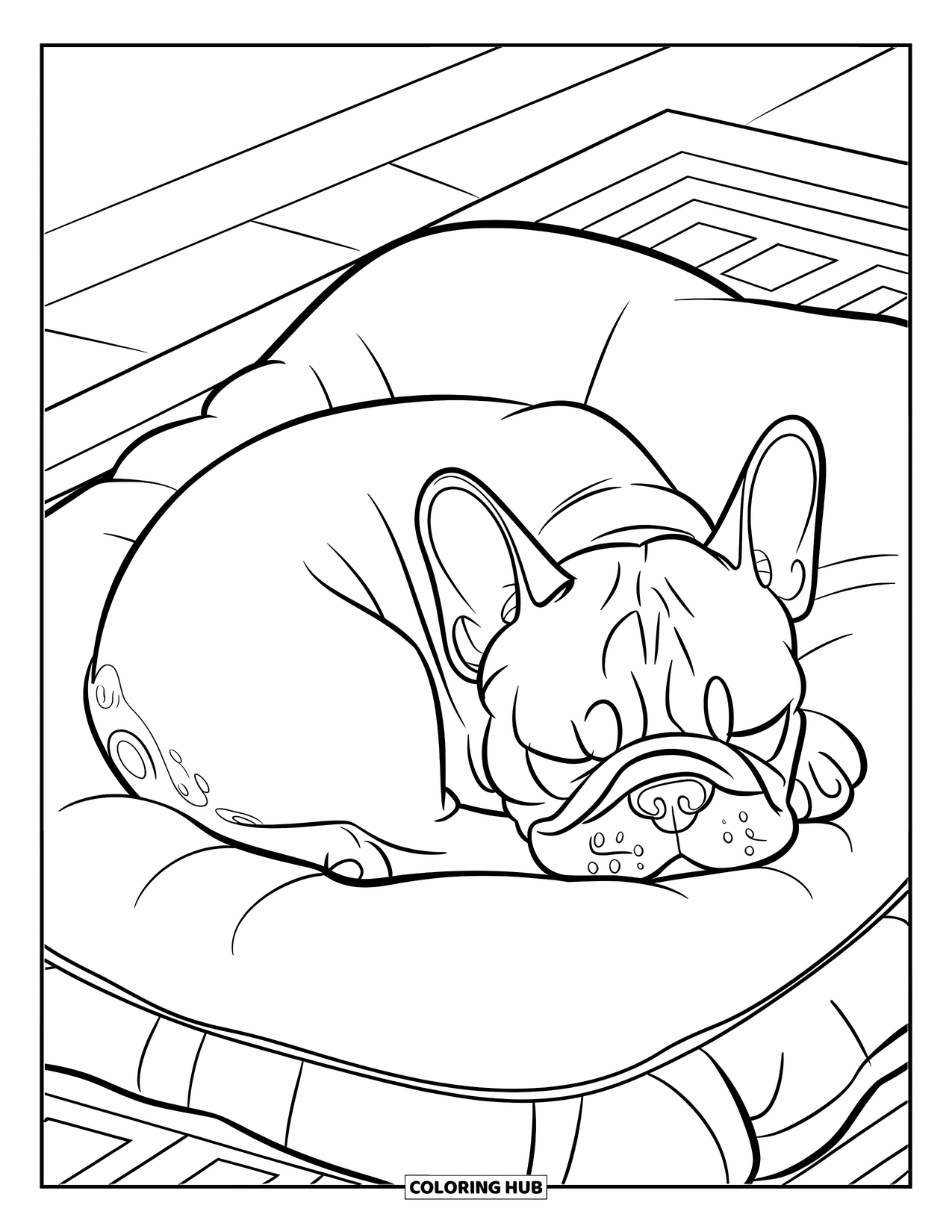 Dibujo de Bulldog Francés para niños: Un Frenchie acurrucado duerme la siesta pacíficamente sobre una alfombra estampada