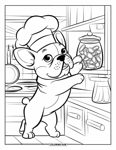 Coloriage de Bouledogue Français pour enfants : Un bouledogue français déterminé avec un chapeau de chef tend la main vers un pot de friandises élevé