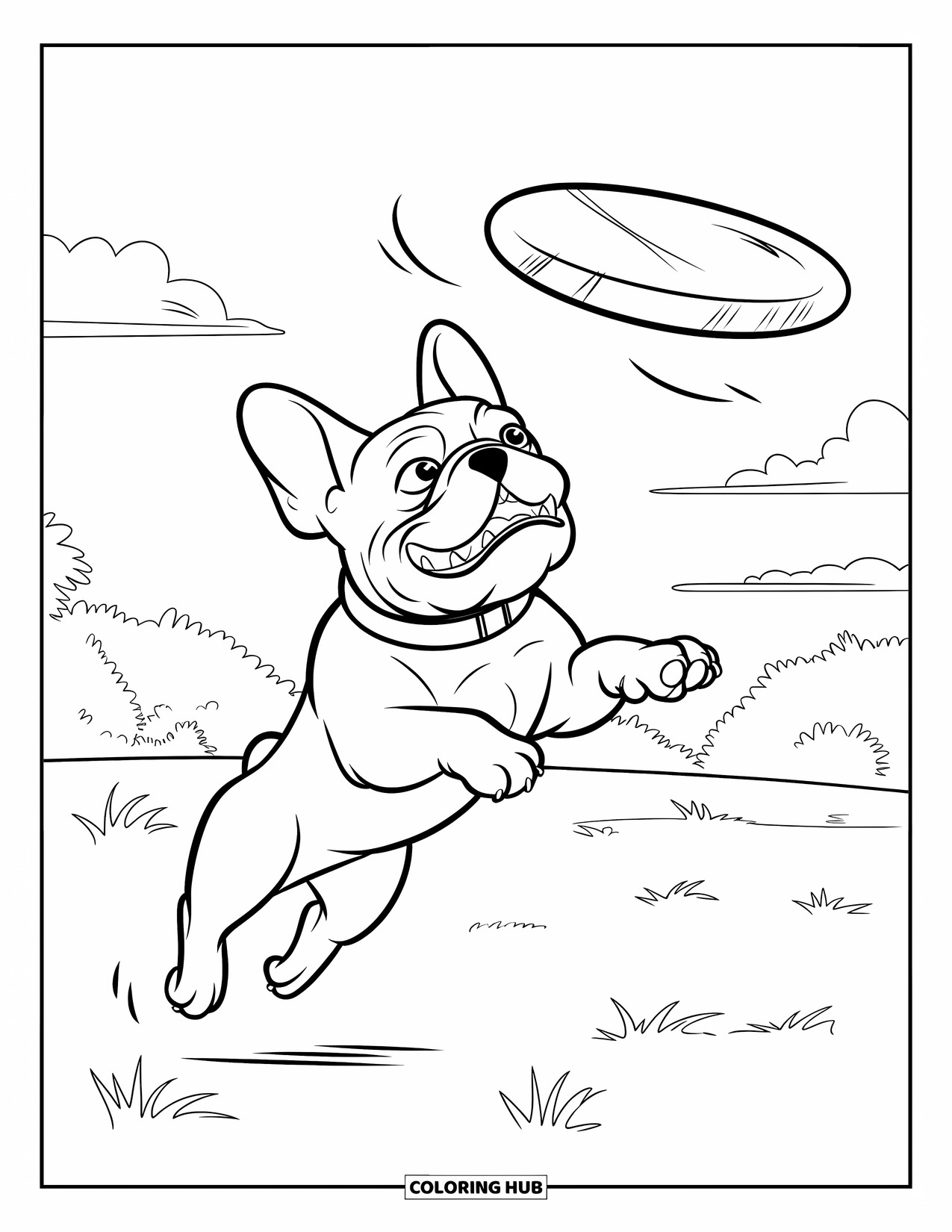Dibujo de Bulldog Francés para niños: Un Bulldog Francés enérgico alcanza un frisbee entre los árboles