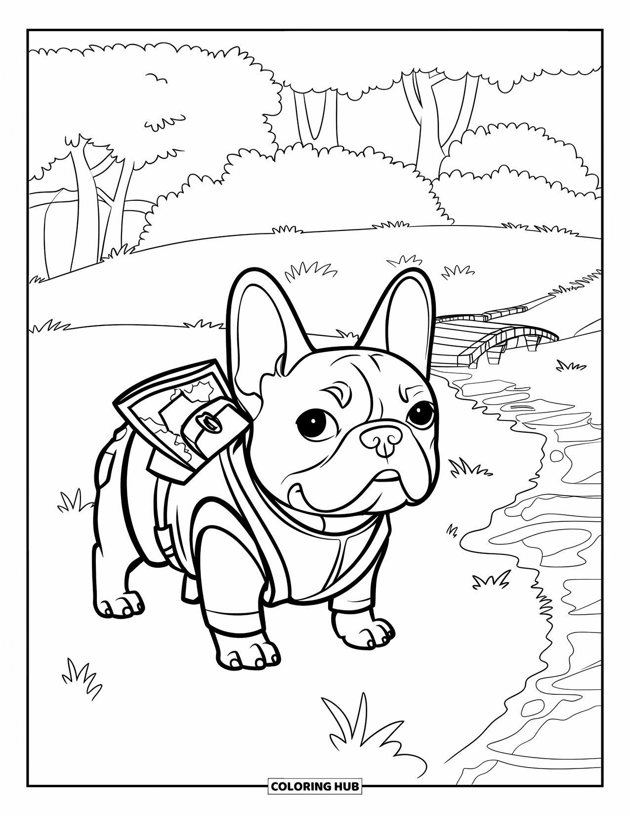 Dibujo de Bulldog Francés para niños: Un Bulldog Francés explorador sostiene un mapa en un campo con un puente de madera