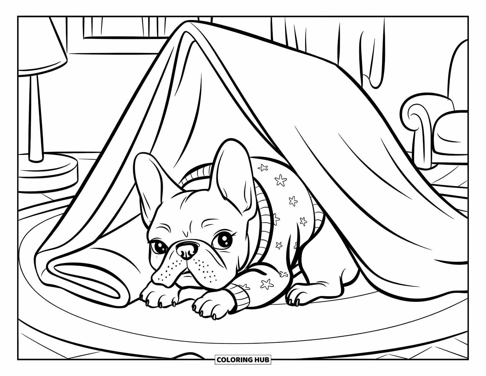Dibujo de Bulldog Francés para niños: Bulldog Francés se acurruca debajo de un fuerte de mantas cálido