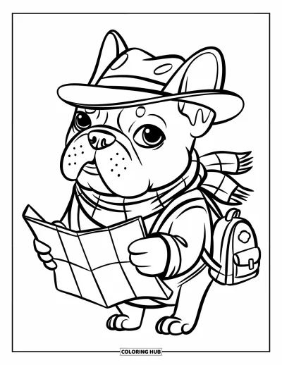 Coloriage de Bouledogue Français pour enfants : Un bouledogue français déguisé en voyageur se tient prêt avec une petite carte