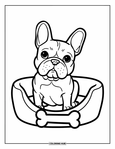Coloriage de Bouledogue Français pour enfants : Un bouledogue français dans un panier pour chien se repose à côté d’une friandise