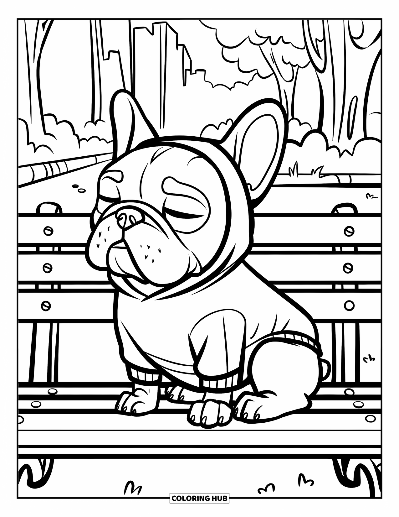 Dibujo de Bulldog Francés para niños: Un Bulldog Francés con una sudadera con capucha duerme la siesta en un banco en el parque