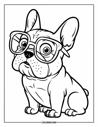 Coloriage de Bouledogue Français pour enfants : Un bouledogue français avec des lunettes est assis calmement sur un fond vierge