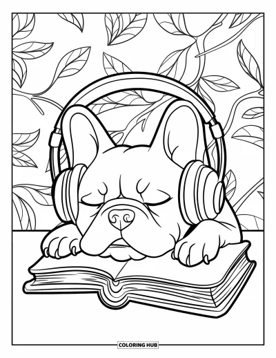 Coloriage de Bouledogue Français pour enfants : Un bouledogue français fait la sieste avec des écouteurs et se repose sur un fond feuillu