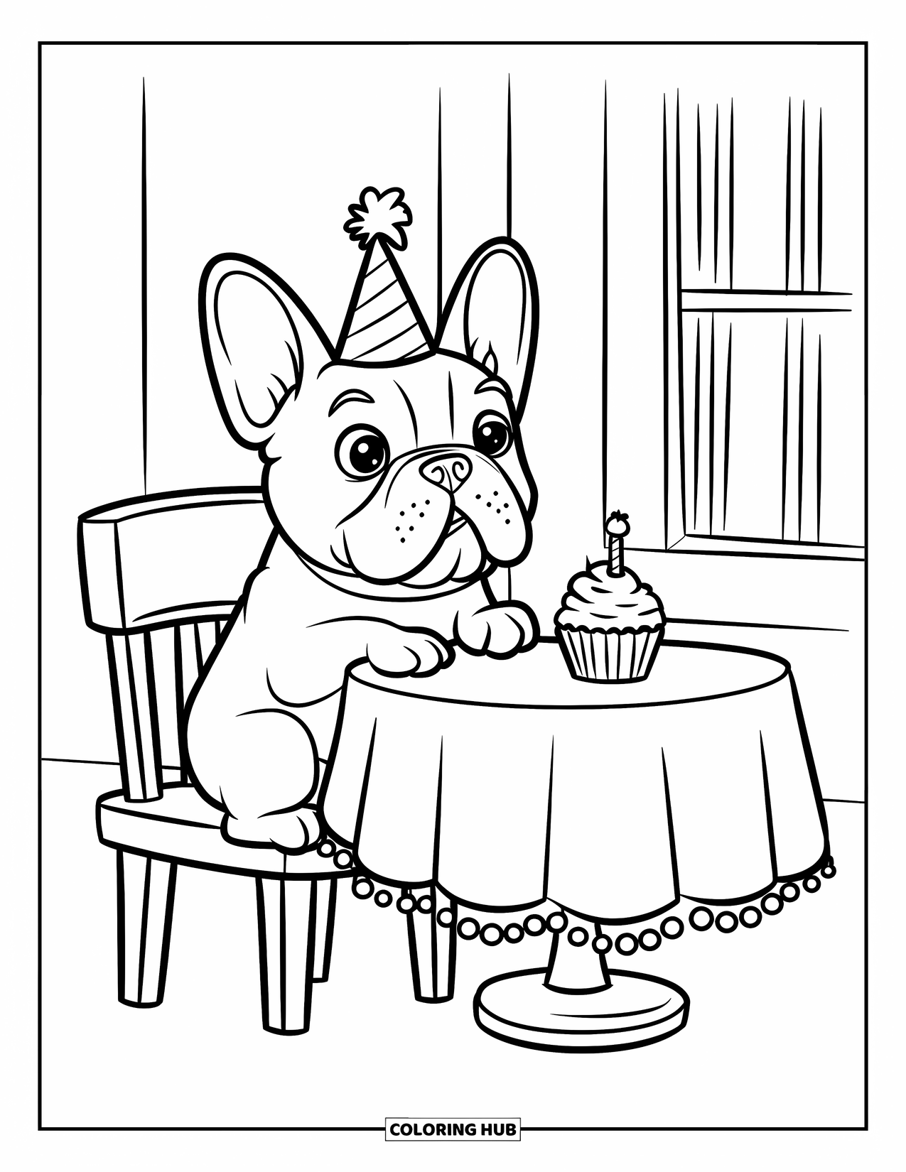 Dibujo de Bulldog Francés para niños: Bulldog Francés sentado a una mesa pequeña con un cupcake y un gorro de fiesta