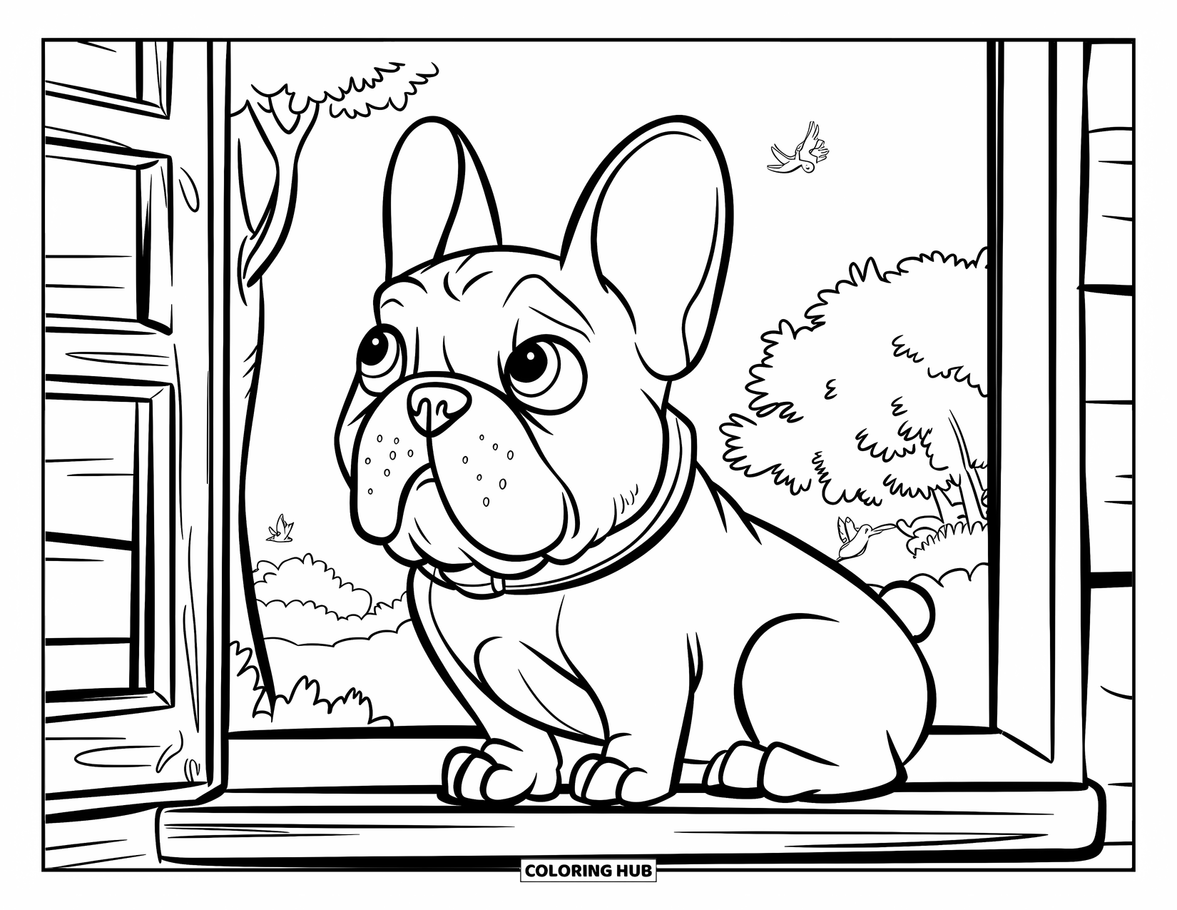 Dibujo de Bulldog Francés para niños: Bulldog Francés sentado en el alféizar de una ventana, observando a los pájaros volar afuera