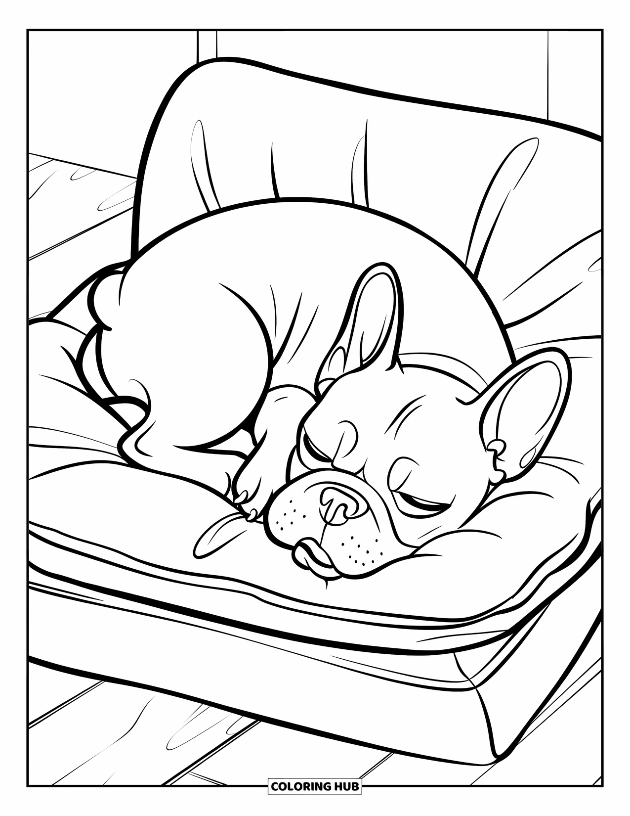Dibujo de Bulldog Francés para niños: Bulldog Francés duerme sobre un cojín, con la lengua sobresaliendo ligeramente