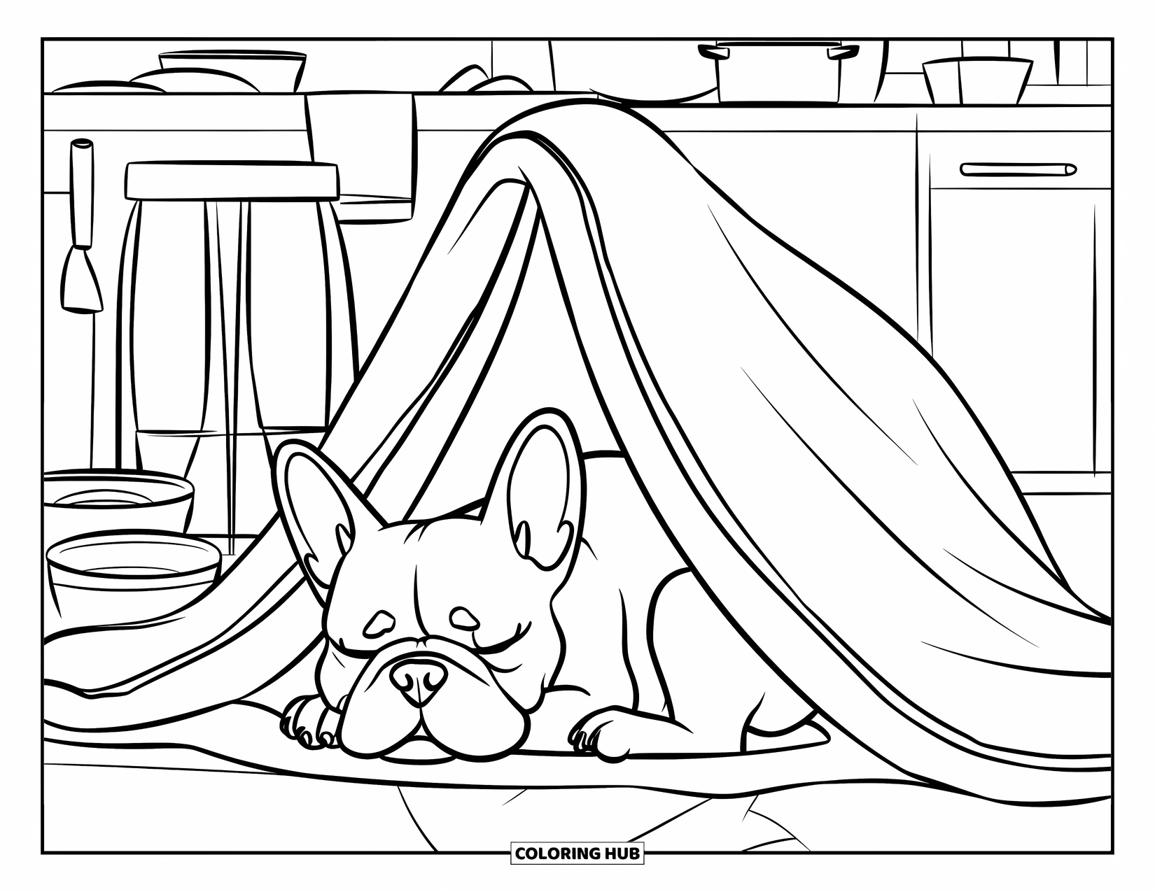 Dibujo de Bulldog Francés para niños: Bulldog Francés duerme pacíficamente debajo de un fuerte hecho con una toalla en la cocina