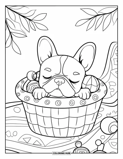 Coloriage de Bouledogue Français pour enfants : Un bouledogue français se blottit dans un panier, reposant sa tête sur un jouet