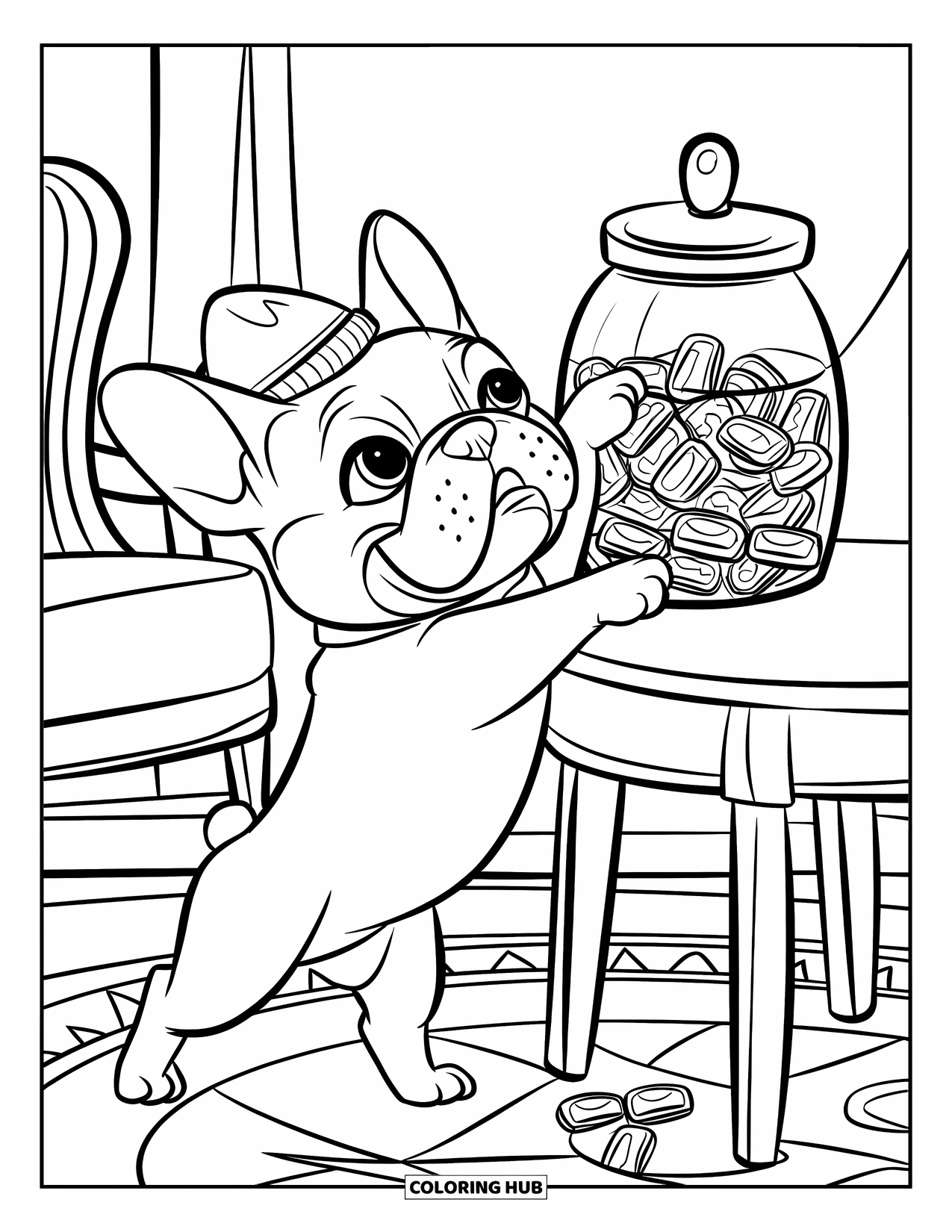 Dibujo de Bulldog Francés para niños: Bulldog Francés se estira para alcanzar golosinas en la mesa en una habitación acogedora