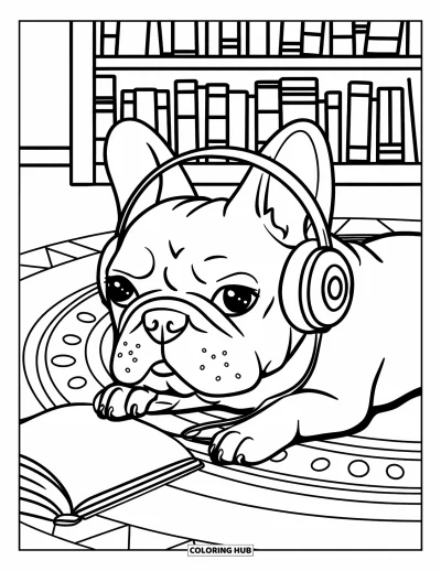 Coloriage de Bouledogue Français pour enfants : Un bouledogue français porte des écouteurs et est allongé à côté d’un livre ouvert