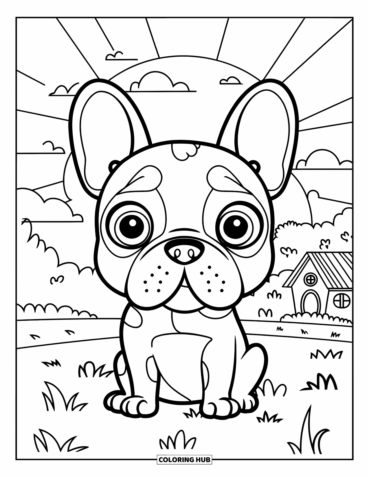 Dibujo de Bulldog Francés para niños: Bulldog Francés con ojos grandes se sienta en un campo soleado con árboles