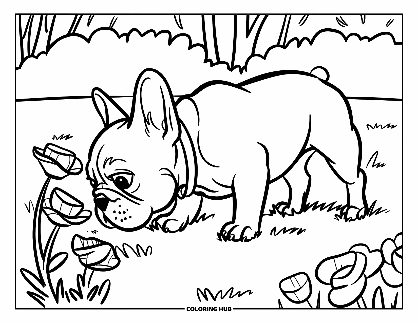 Dibujo de Bulldog Francés para niños: Un Frenchie disfruta del aroma de las flores en un patio trasero soleado